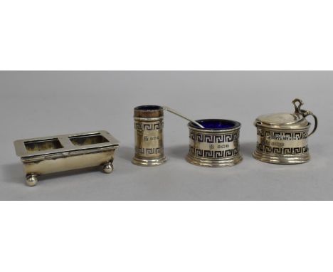 A Miniature Silver Three Piece Cruet, Together with Novelty Stamp Holder in the Form of a Two Division Trough 