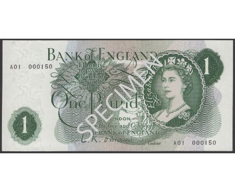 Bank of England, Leslie K. O’Brien, £1, 17 March 1960, serial number A01 000150, an original about uncirculated to uncirculat