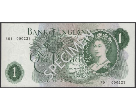 Bank of England, Leslie K. O’Brien, £1, 17 March 1960, serial number A01 000223, uncirculated, and a scarce early number EPM 