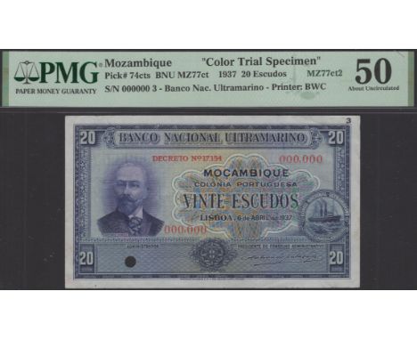 Banco Nacional Ultramarino, Mozambique, colour trial 20 Escudos, 6 April 1937, serial number 000,000, manuscript signatures o