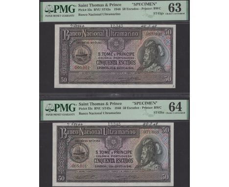Banco Nacional Ultramarino, St Thomas & Prince, printers archival specimen 50 Escudos (3), 12 August 1946, serial number rang