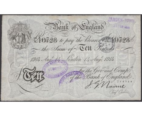 Bank of England, John G. Nairne, £10, London, 14 August 1914, serial number 28/K 10728, several purple bank stamps, a few pin