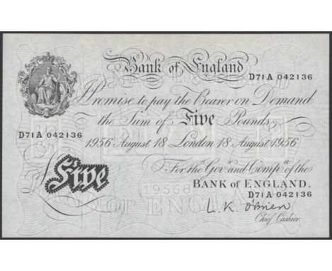 Bank of England, Leslie K. O’Brien, £5, 18 August 1956, serial number D71A 042136, a few staple holes, otherwise about extrem