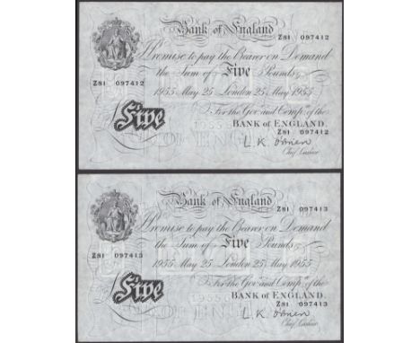 Bank of England, Leslie K. O’Brien, £5 (2), 25 May 1955, consecutive serial numbers Z81 097412-13, original and clean example