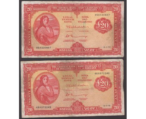 Central Bank of Ireland, consecutive £20, 1975 (3), prefixes 45X, 48X and 52X, 1976 (2), prefixes 81X and 65X, Whitaker and M