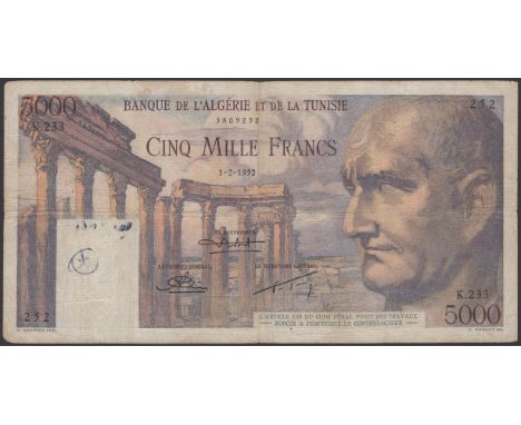 Banque de l’Algerie et de la Tunisie, 5000 Francs, 1 February 1952, serial number K.233 252, graffiti in watermark area, good