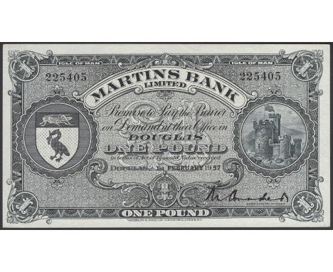Martins Bank Limited, £1, 1 February 1957, serial number 225405, Conacher signature, light handling, about uncirculated to un