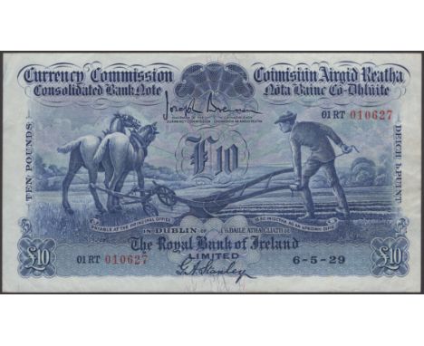 Currency Commission, Royal Bank of Ireland, £10, 6 May 1929, serial number 01RT 010627, Brennan and Stanley signatures, pinho