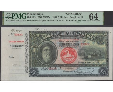 Banco Nacional Ultramarino, Mozambique, printers archival specimen 5 Mil Reis, 1 March 1909, serial number range 260001 to 27