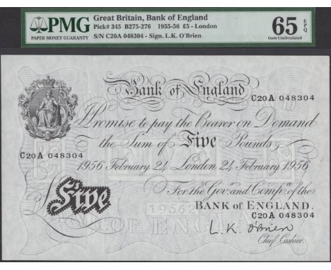 Bank of England, Leslie K. O’Brien, £5, 24 February 1956, serial number C20A 048304, in PMG holder 65 EPQ, gem uncirculated, 