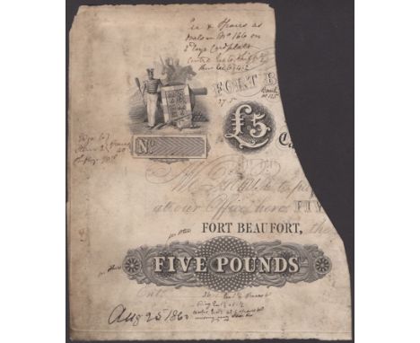 Fort Beaufort & Victoria Bank, part proof for £5, 18-, numerous manuscript annotations, dated ‘Aug 25 1860’, only left half o