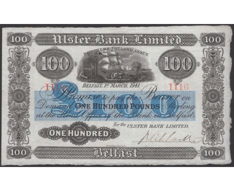Ulster Bank Limited, £100, 1 March 1941, serial number 1116, manuscript Niblock signature, about extremely fine and scarce PM