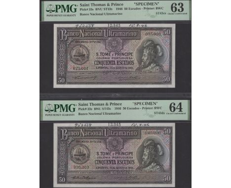 Banco Nacional Ultramarino, St Thomas & Prince, printers archival specimen 50 Escudos (3), 12 August 1946, serial number rang