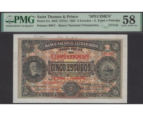Banco Nacional Ultramarino, St Thomas & Prince, printers archival specimen 5 Escudos, 1 January 1921, serial number range 068