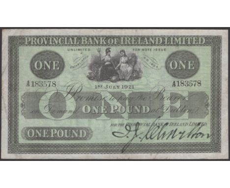 Provincial Bank of Ireland Ltd, £1, 1 July 1921, serial number A183578, manuscript signature, one pinhole, very fine, a very 
