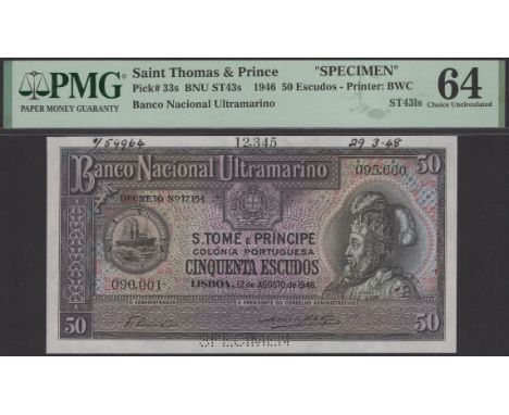 Banco Nacional Ultramarino, St Thomas & Prince, printers archival specimen 50 Escudos, 12 August 1946, serial number range 09