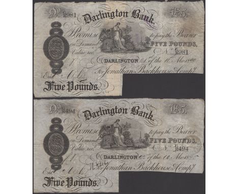Darlington Bank, for Jonathan Backhouse & Compy, cancelled £5 (2), 21 November 1890 and 22 October 1895, serial numbers G/M 9