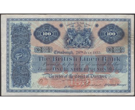 British Linen Bank, £100, 28 July 1933, serial number N/3 1/5, two manuscript signatures, the two usual folds and additional 