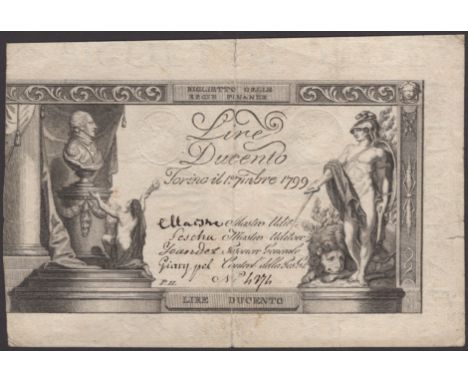 Regie Finanze Torino, Italy, 100 Lire, 1 September 1799, serial number 4274, four manuscript signatures, two embossed seals, 