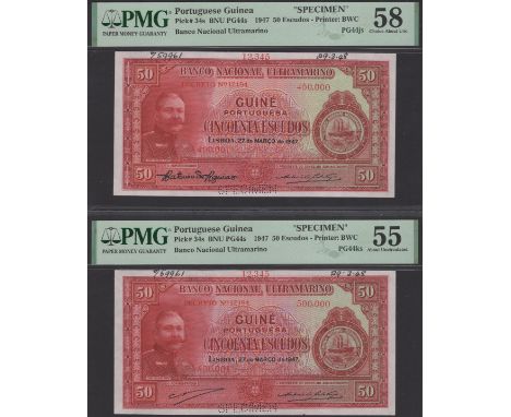 Banco Nacional Ultramarino, Portuguese Guinea, printers archival specimen 50 Escudos (2), 27 March 1947, serial number ranges