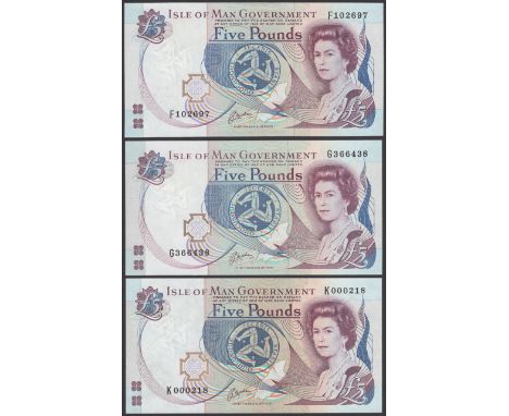 Isle of Man Government, J.Cashen, £5 (5), ND (1991/2010), serial numbers F102697, G366438, K000218, L013421 and M009027, unci