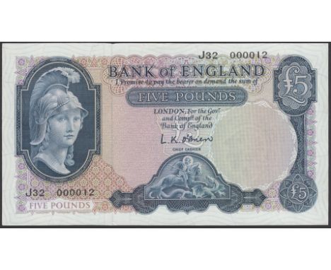 Bank of England, Leslie K. O’Brien, £5, 12 July 1961, serial number J/32 000012, uncirculated, a nice low number for this pre