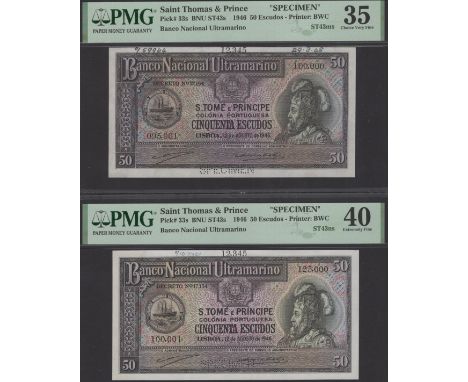 Banco Nacional Ultramarino, St Thomas & Prince, printers archival specimen 50 Escudos (2), 12 August 1946, serial number rang