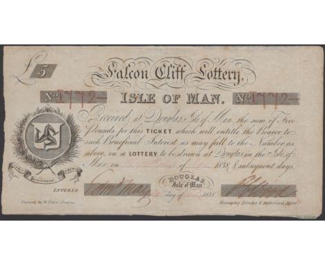 Falcon Cliff Lottery, ticket for £5, 12 September 1838, serial number I772, Wood signature, lightly toning, and minor foxing,