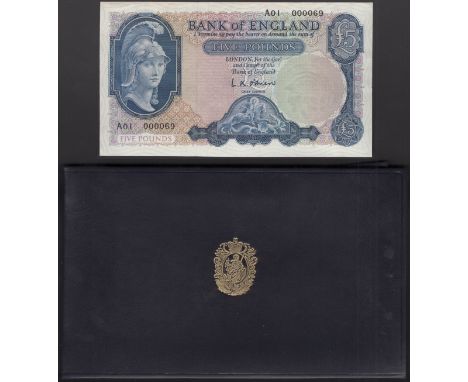 Bank of England, Leslie K. O’Brien, £5, 21 February 1957, serial number A01 000069, with a Bank of England presentation folde