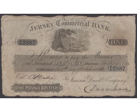 Jersey Commercial Bank, for Janvrin, Durell & Company, £1, 1 October 1856, serial number 12887, manuscript signatures at low 