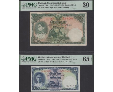 Government of Siam, 20 Baht, ND (1939), serial number P/13 73839, also 1 Baht, ND (1948), serial number R/9 456323, in PMG ho