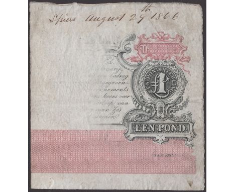 Orange Free State Government, South Africa, part proof of £1, manuscript date August 29th 1866, printed on watermarked paper,