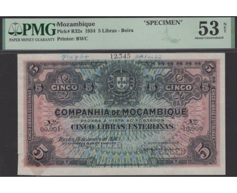 Companhia de Mocambique, printers archival specimen 5 Libras Esterlinas, 15 January 1934, serial number range 00,001 to 10,00