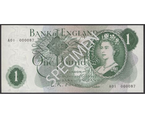 Bank of England, Leslie K. O’Brien, £1, 17 March 1960, serial number A01 000087, an original about uncirculated and a low ser