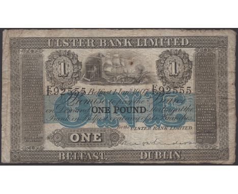Ulster Bank Limited, £1, 1 January 1907, serial number F/F. 92555, one manuscript signature, a few pinholes, original about f