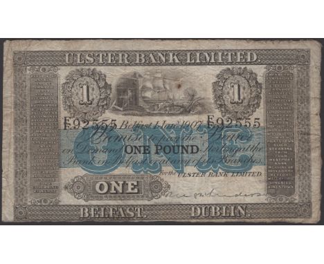 Ulster Bank Limited, £1, 1 January 1907, serial number F/F. 92555, one manuscript signature, a few pinholes, original about f