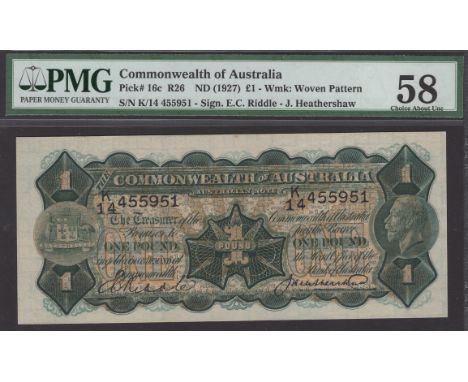 Commonwealth of Australia, £1, ND (1927), serial number K/14 455951, Riddle and Heathershaw signatures, in PMG holder 58, cho