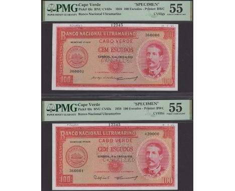 Banco Nacional Ultramarino, Cape Verde, printers archival specimen 100 Escudos (2), 16 June 1958, serial number ranges 300001