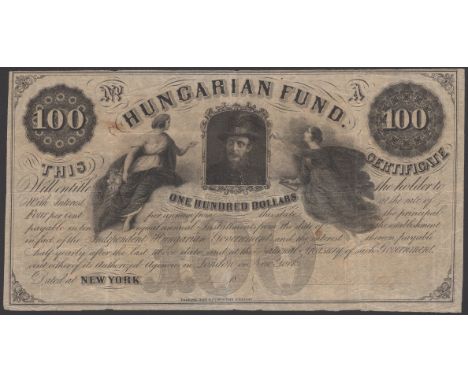 Hungarian Fund, $100, 1 July 1952, serial number not filled in, manuscript signatures, a few small stains, overall a fresh an