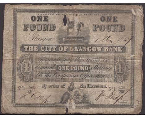 City of Glasgow Bank, £1, 1 May 1857, serial number B 239/230, two manuscript signatures, small hole at top centre, slight th