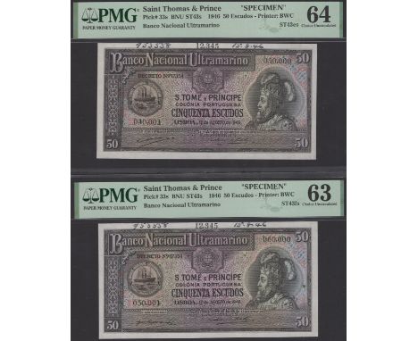 Banco Nacional Ultramarino, St Thomas & Prince, printers archival specimen 50 Escudos (2), 12 August 1946, serial number rang