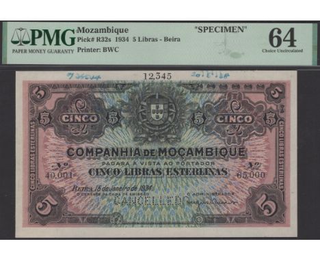 Companhia de Mocambique, printers archival specimen 5 Libras Esterlinas, 15 January 1934, serial number range 40,001 to 65,00