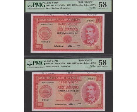 Banco Nacional Ultramarino, Cape Verde, printers archival specimen 100 Escudos (3), 16 June 1958, serial number ranges 050001