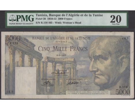 Banque de l’Algerie et de la Tunisie, 5000 Francs, 8 September 1950, serial number R.158-465, repairs, tape, pinholes, in PMG