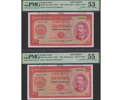 Banco Nacional Ultramarino, Cape Verde, printers archival specimen 100 Escudos (2), 16 June 1958, serial number ranges 195001