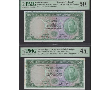 Banco Nacional Ultramarino, Mozambique, proof 100 Escudos (2), 27 March 1961, prefixes C, without serial numbers, both notes 