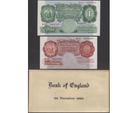 Bank of England, Cyril P. Mahon, Parchment Pair, 10 Shillings and £1, 22 November 1928, both with serial number A01 000084, c
