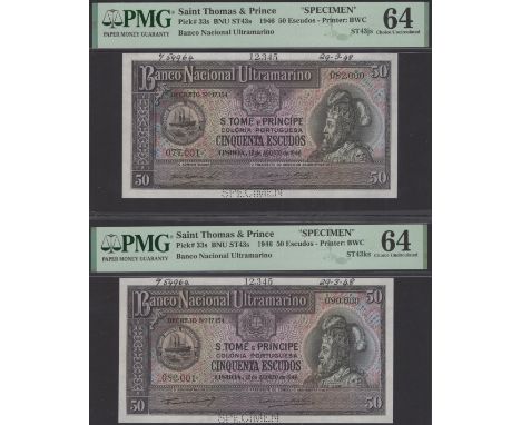 Banco Nacional Ultramarino, St Thomas & Prince, printers archival specimen 50 Escudos (2), 12 August 1946, serial number rang