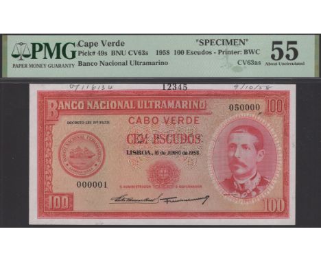 Banco Nacional Ultramarino, Cape Verde, printers archival specimen 100 Escudos, 16 June 1958, serial number range 000001 to 0