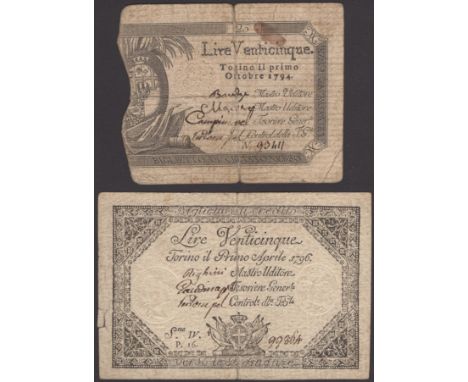 Regie Finanze Torino, Italy, 25 Lire (2), October 1794, serial number 93411, April 1796, serial number 99864, both with manus
